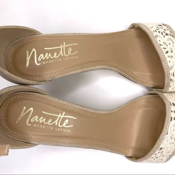 Nanette Lepore Ankle Strap Sandal ‘Beauty’ Heel Crochet Detail Faux Suede Tan 8 - Picture 9 of 14